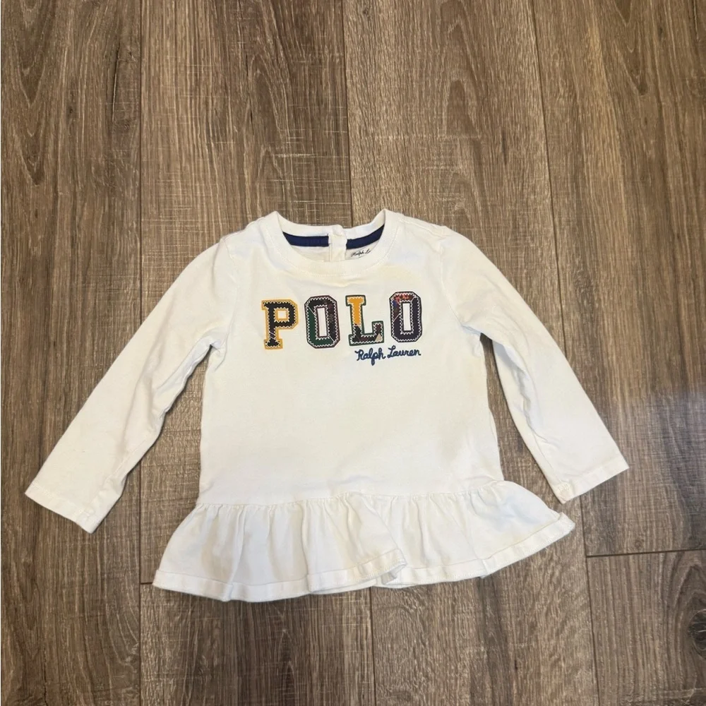 Polo Ralph Lauren Baby Girls White Logo Plaid Peplum Long Sleeve Shirt Size 12 M